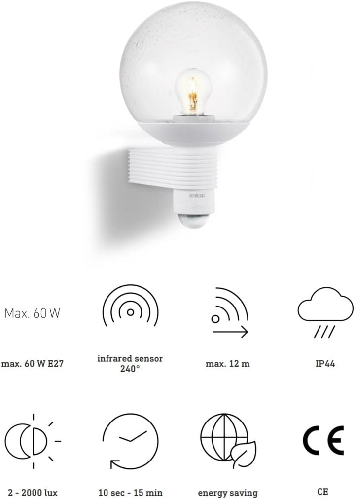 Steinel Aussenwandleuchte L 400 S Weiss, 240° Bewegungsmelder, Max. 12 m Reichweite, klassisch, mund
