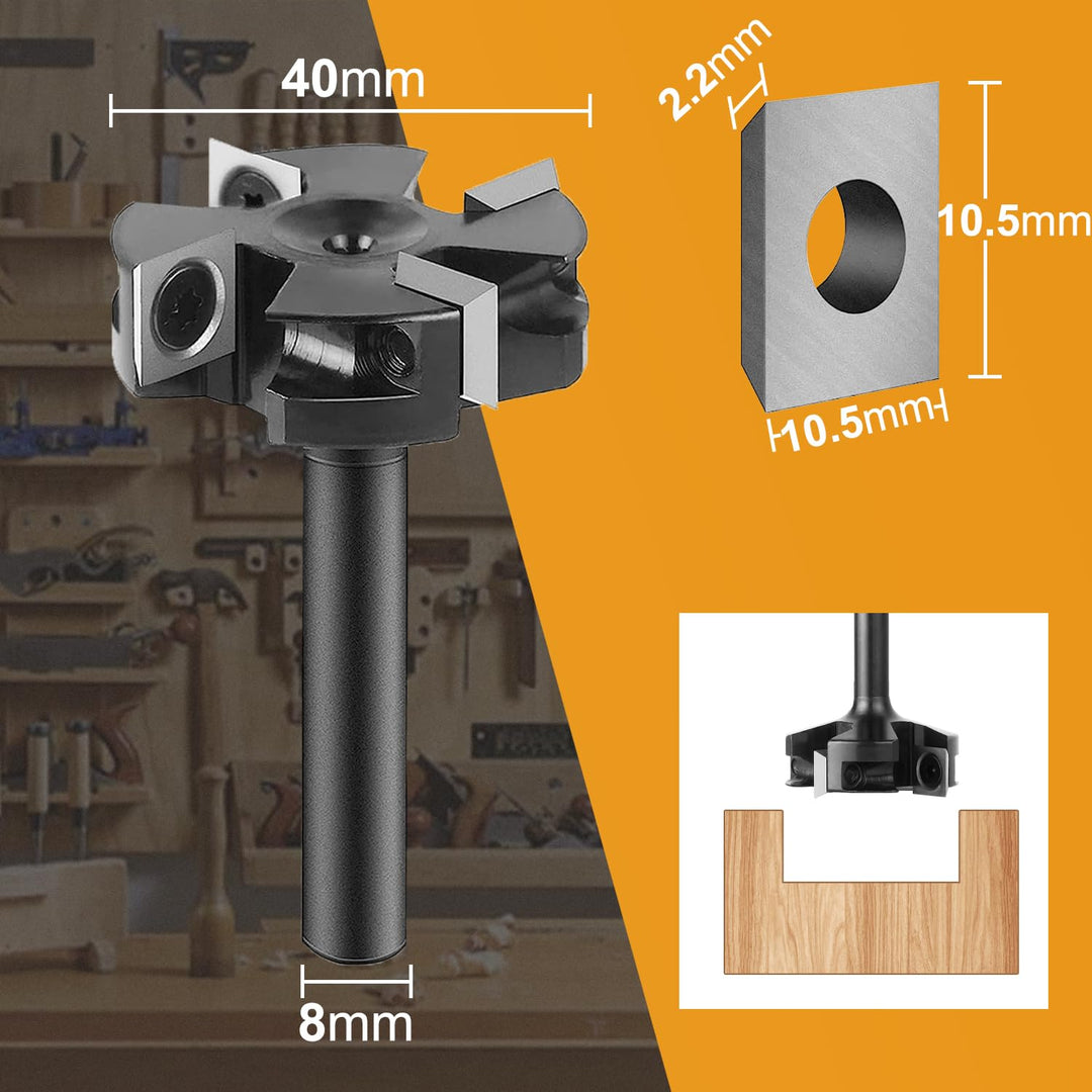 SpeTool Planfräser 8mm Schaft 40mm Durchmesser Flächenfräser für Oberfräse mit 4 austauschbaren Hart