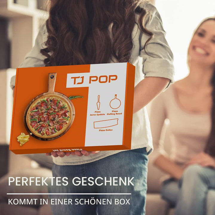 Pizzabrett Akazienholz, TJ POP 30 x30 cm Pizzateller Pizzaschneidebrett mit Pizzaschneider und Pizza