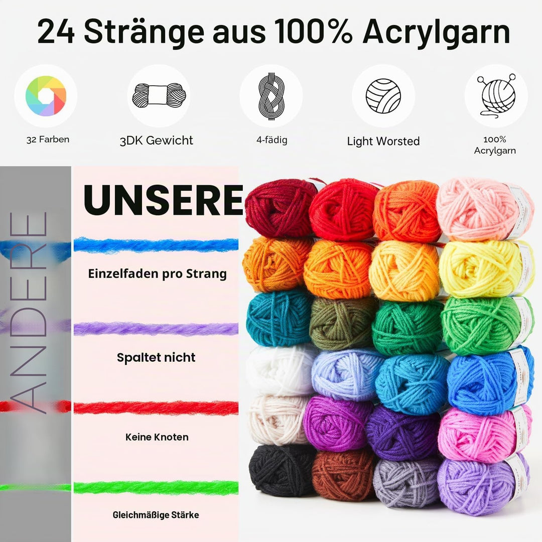 INSCRAFT Häkelset für Anfänger, Erwachsene und Kinder, 24 farbige Garnknäuel mit 1 grosser Reisetasc