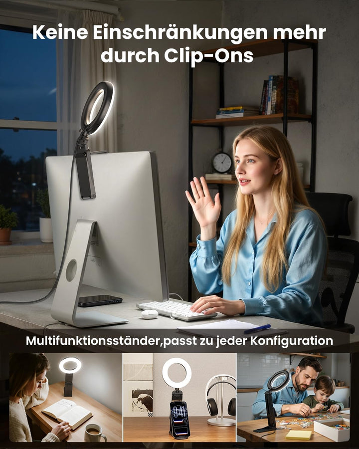 Upgrade Ringlicht Laptop PC 5” Videokonferenz Licht,Evershop Ringleuchte Ringlampe mit Stativ&Handyh