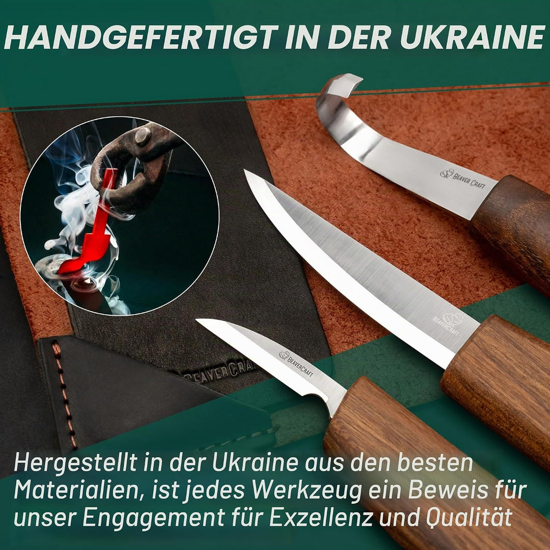 BeaverCraft Deluxe S13X Holzschnitzmesser-Set zum Holzschnitzen 3 Messer in einer Ledertasche mit Po