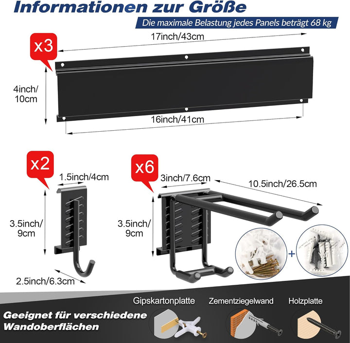 Werkzeug-Wandregal, verstellbar Wandhalterungen für Garage und Garten mit 8 Haken &amp; 3 Schienen, Hoch
