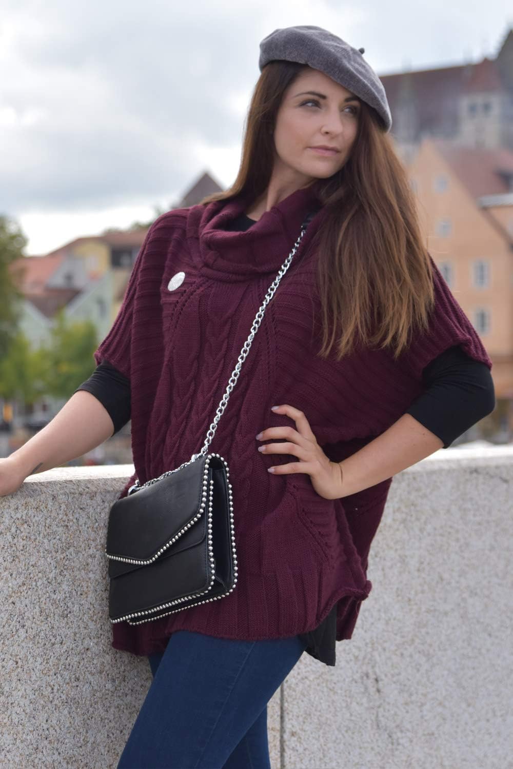 styleBREAKER Damen Strick Poncho mit Zopfmuster, Ärmel und Schalkragen 08010054, Farbe: Einheitsgrös