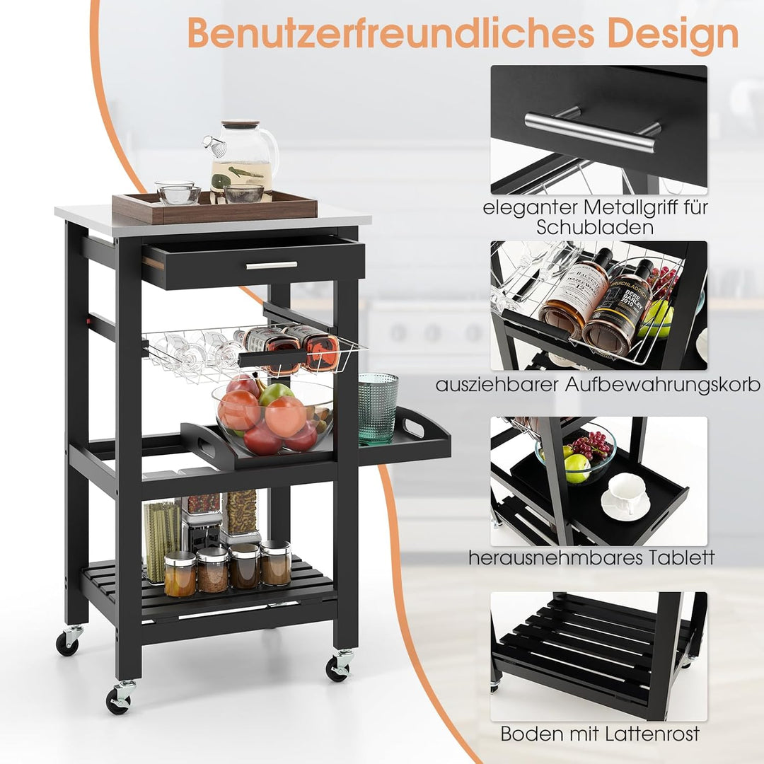 COSTWAY Kleiner Küchenwagen, Servierwagen auf Rollen, Küchenregal mit Arbeitsplatte aus Edelstahl, S
