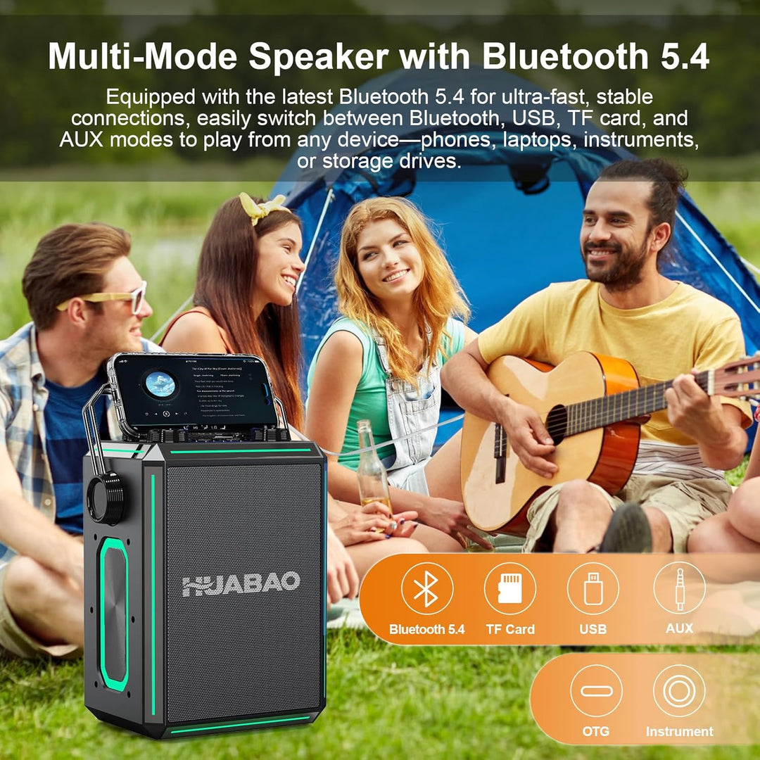 Tragbarer Bluetooth-Karaoke-Lautsprecher mit 2 kabellosen Mikrofonen, RGB-Beleuchtung, Höhen- und Ba