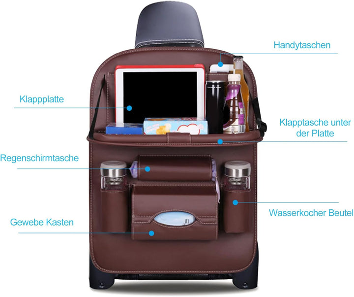 Ergocar Auto Organizer Rückenlehnenschutz Luxus Autositzschutz aus PU-Leder mit faltbarem Tablethalt