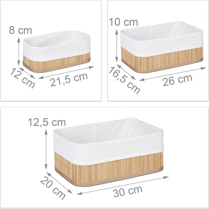 Relaxdays Aufbewahrungskorb 3er Set, Stoffbezug, Bambus, rechteckig, Bad, Accessoires, Spielzeug, Al