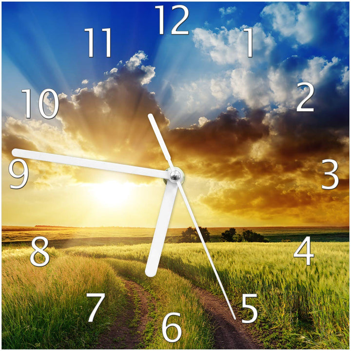 Wallario Design-Wanduhr Feldweg in den Sonnenuntergang aus Glas, Motiv-Uhr Grösse 20 x 20 cm, weisse