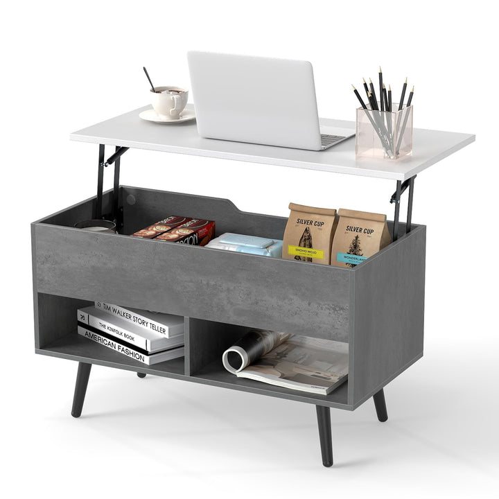 COSTWAY Couchtisch höhenverstellbar, Sofatisch mit anhebbarer Tischplatte & 2 offenen Regalen, auszi