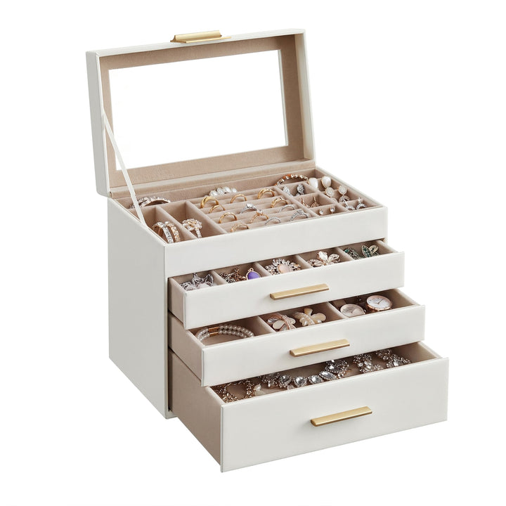 SONGMICS Schmuckkästchen, Schmuckkasten mit 4 Ebenen, Schmuckbox mit Glasdeckel, 3 Schubladen, für S