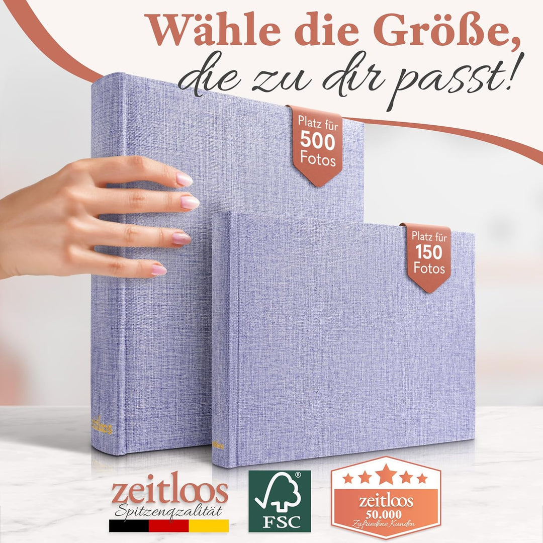 Fotoalbum zum Einkleben - Platz für 150 Fotos - echtes Leinen - Fotobuch 21 x 28 cm in Lila - 50 wei