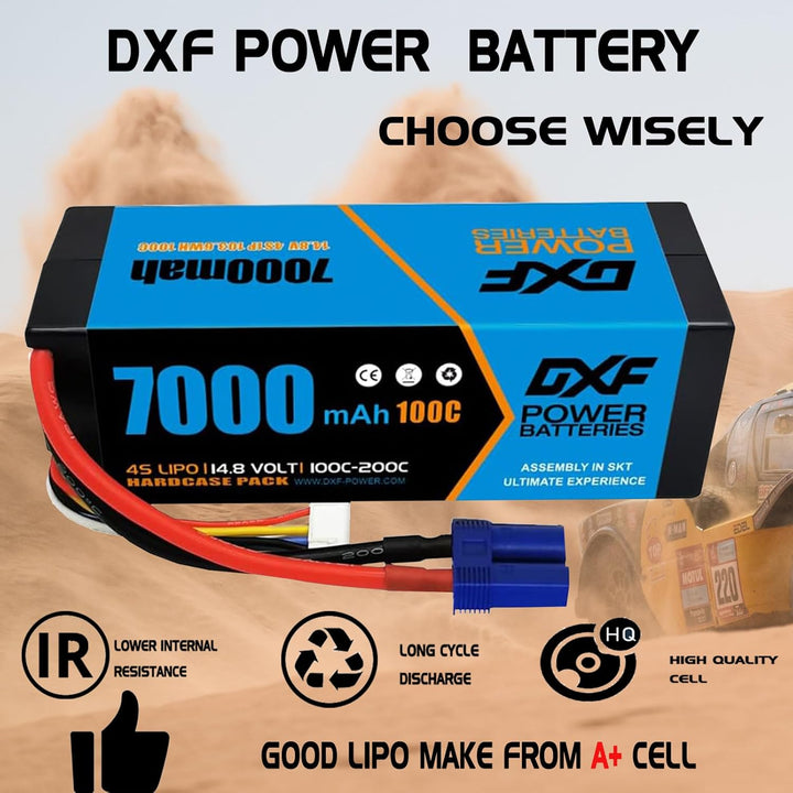 DXF 4S Lipo Batterie 14,8 V 100 C 7000 mAh Hartbatterie mit EC5-Stecker für RC 1/8 und 1/10 Auto RC