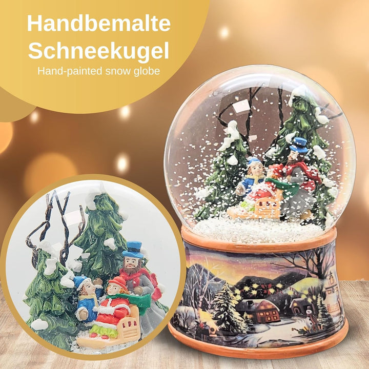 Schneekugel Weihnachten mit Musik | Winterspaziergang mit Familie und Schlitten | Sockel Winterlands