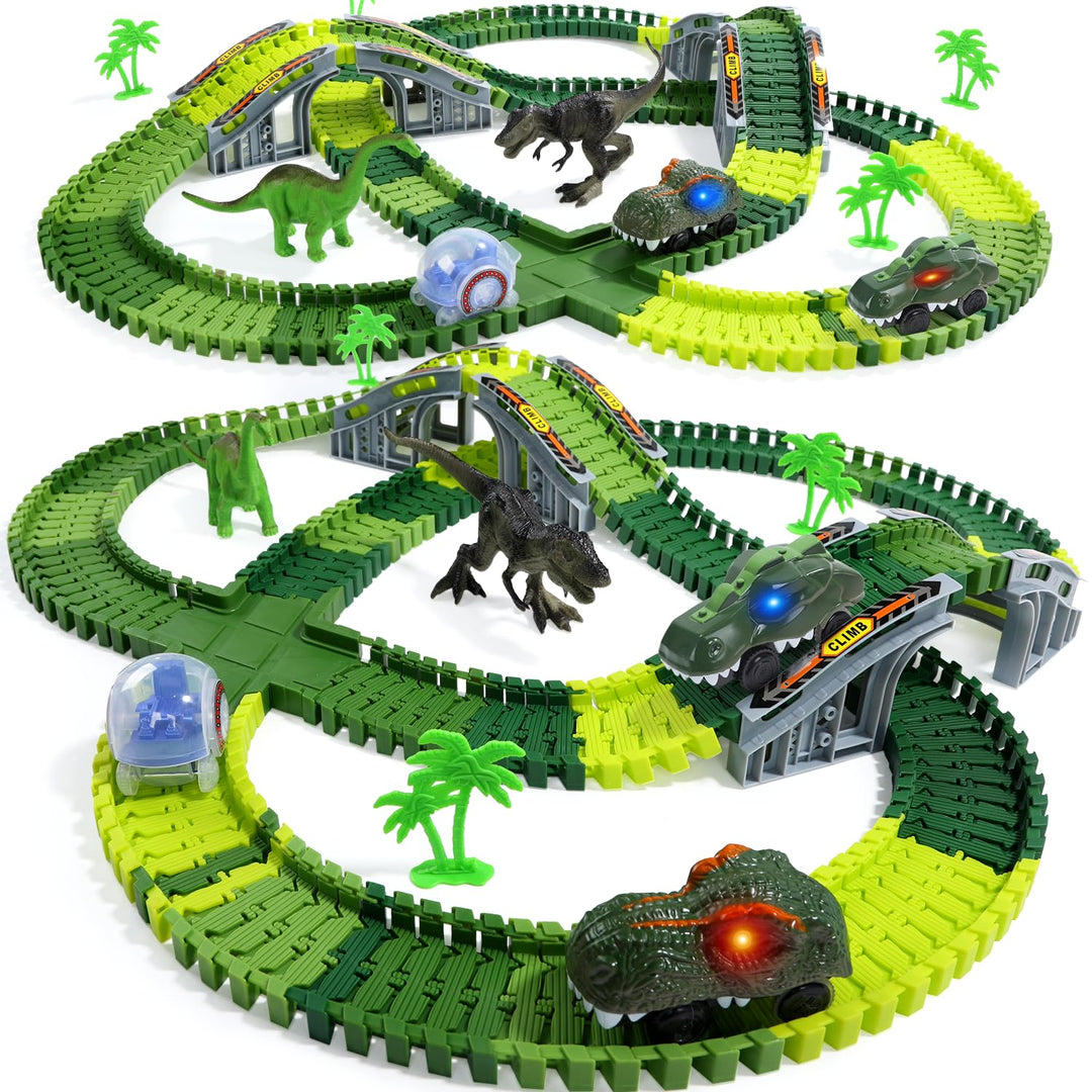 EagleStone Dinosaurier Rennbahn Set für Kinder – 233 Rennstreckenteile, 2 elektrische Dino-Autos mit