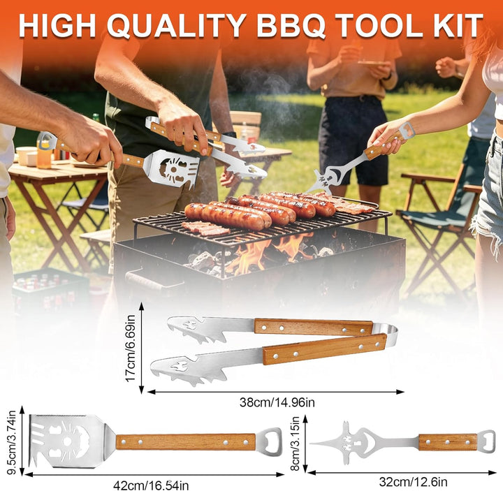 Grillbesteck Set 3-TLG,Grill Zubehör Set mit Extra-Langen Holzgriff und Tragetasche,Edelstahl,Antiro