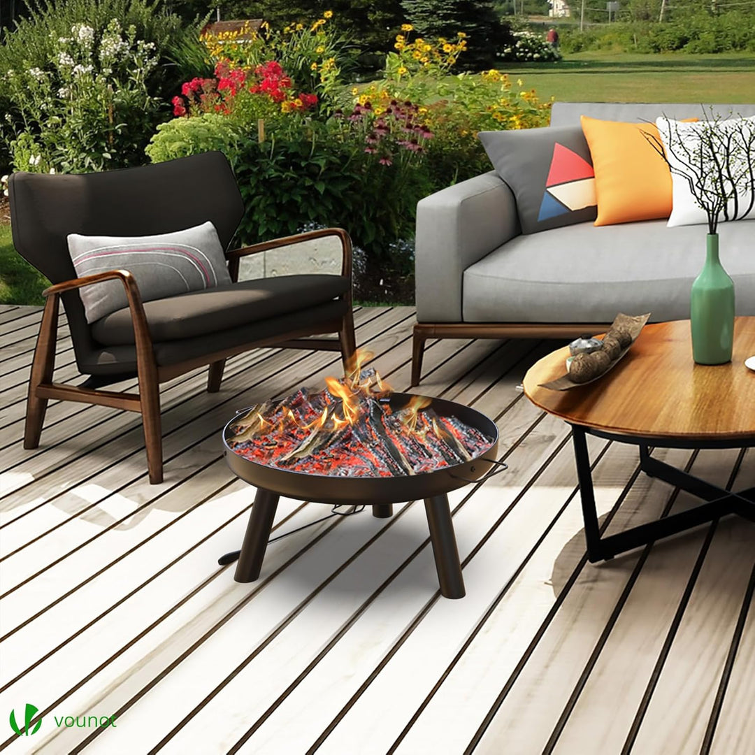VOUNOT® Feuerschale Ø 61 cm Metall Feuerkorb mit Schürhaken Feuerstelle für den Garten, Terrasse, He