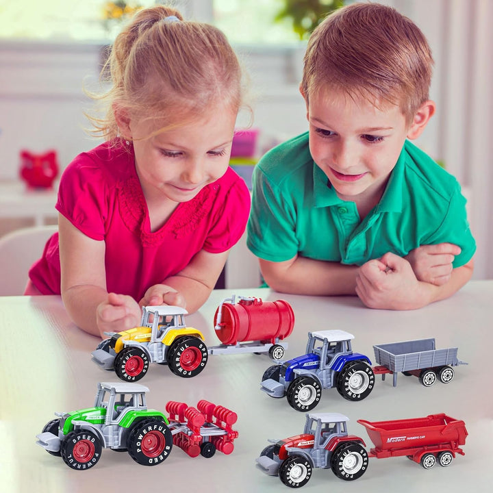 4 Pack Bauernhof Traktor Spielzeug mit Anhänger, Metall-Legierung Kinder Traktor Spielzeug für Junge