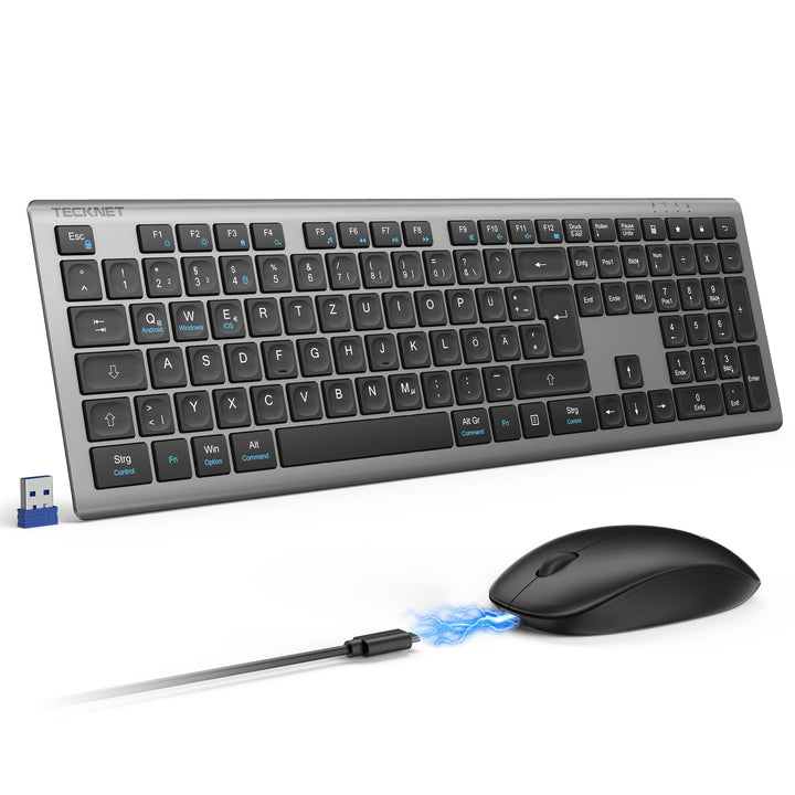 TECKNET Tastatur Maus Set Kabellos, 2.4G Wiederaufladbare Maus und Tastatur | Fullsize Deutsch QWERT