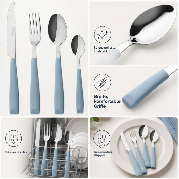 EXZACT 16 PCS Besteck Set/Edelstahl-Besteck - Edelstahl mit Kunststoff-Handgriffen - Bequem zu halte