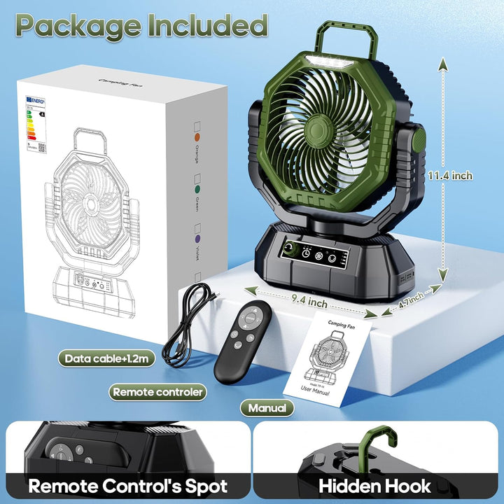 AJVV Camping Ventilator mit akku 20000mAh, Akku Ventilator mit Fernbedienung/LED Licht/270° Drehung,