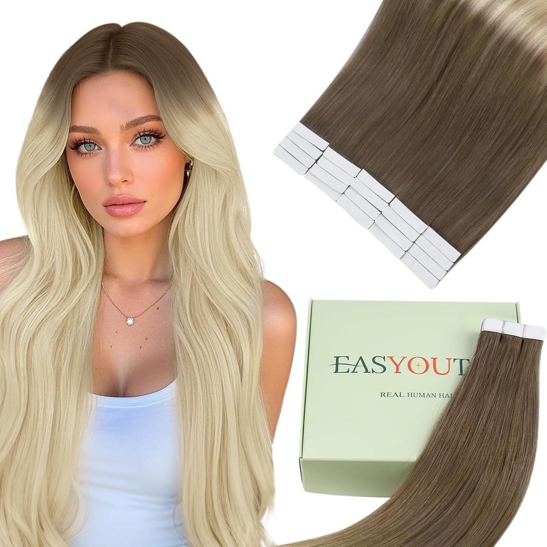 Easyouth Tape in Extension Echthaar Balayage Extensions Tape in Echthaar Farbe Aschbraun Mix Platinb