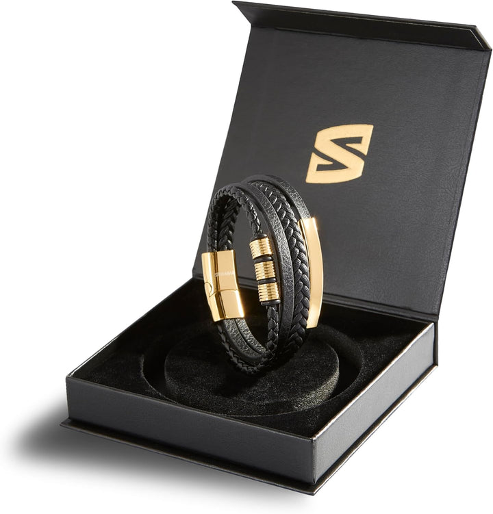 SERASAR Premium Lederarmband für Männer in Schwarz | Magnetverschluss aus Edelstahl in Schwarz, Silb