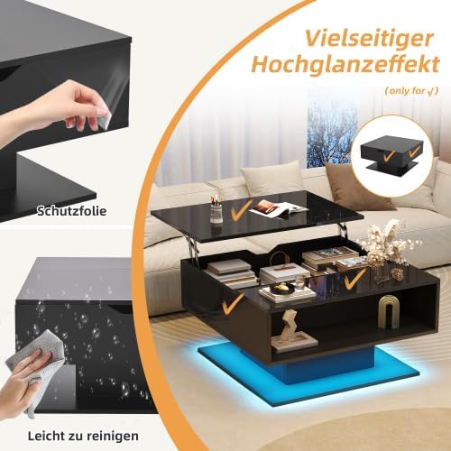 Merax Couchtisch Höhenverstellbar 80x77x40 cm – Moderner Wohnzimmertisch mit LED, verstecktem Staura