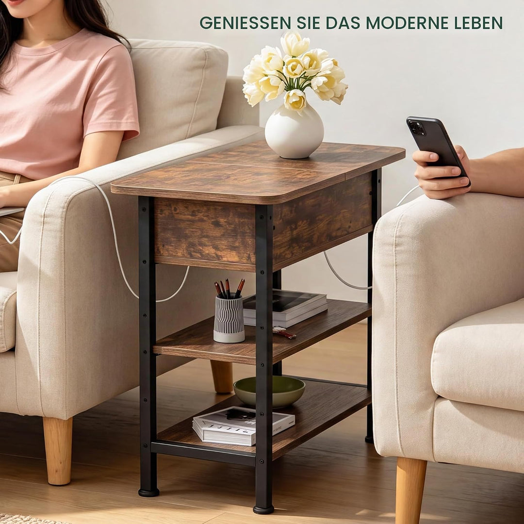 Beistelltisch, Nachttisch mit Steckdose, Schmal Couchtisch mit Schubladen