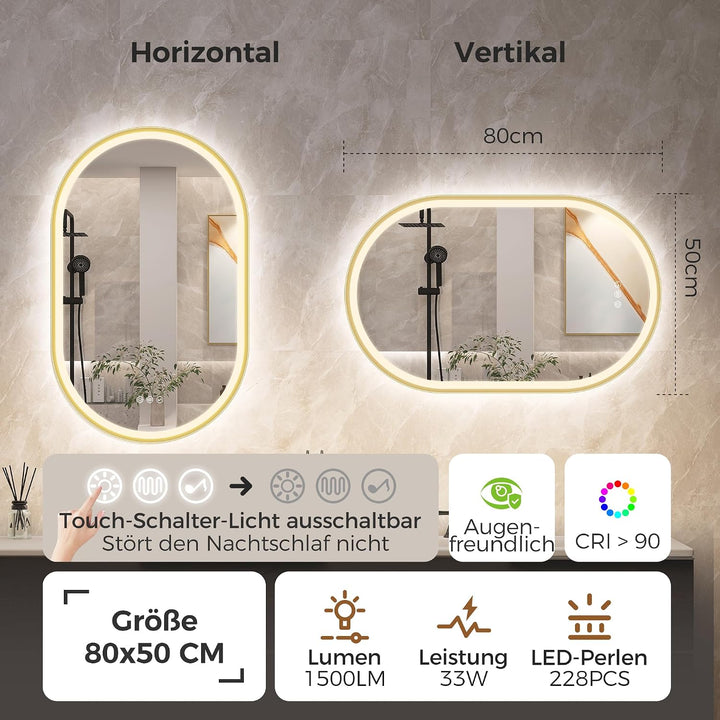 STARLEAD Gold Oval-LED-Badspiegel-mit-Beleuchtung 80x50cm, Bluetooth, Dimmbar, 3 Lichtfarben, Entfog