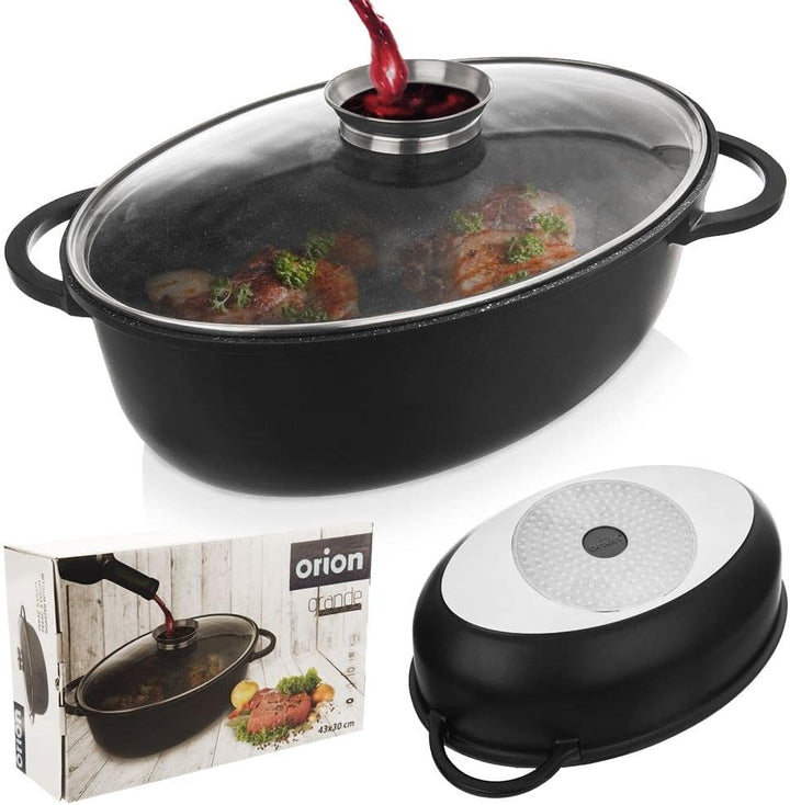 orion group Tiefe Granitbratpfanne Bratpfanne Granit Bräter Brattopf Kochtopf mit Glasdeckel 8 L Gra