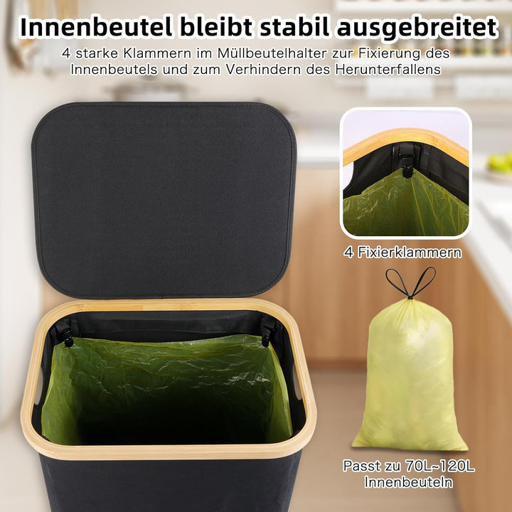 Gelber Sack Ständer 100L mit Deckel - Mülleimer für Gelbe Säcke, Bambusrahmen, Fester Stand & Klettv