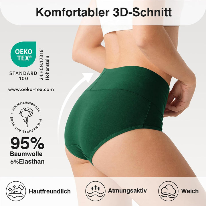 QINCAO Unterhosen Damen, 6er Pack Hohe Taille Slips Baumwolle Unterwäsche, Stretch Atmungsaktiv Pant