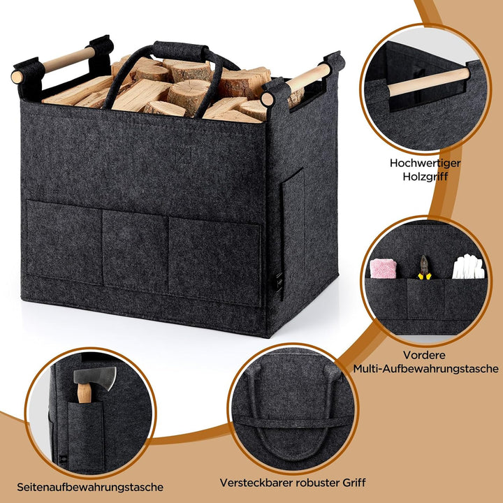 XL 40L Filzkorb & Holzkorb für Kaminholz - Doppelgriffanwendung + rutschfeste Griffe + Fronttasche e