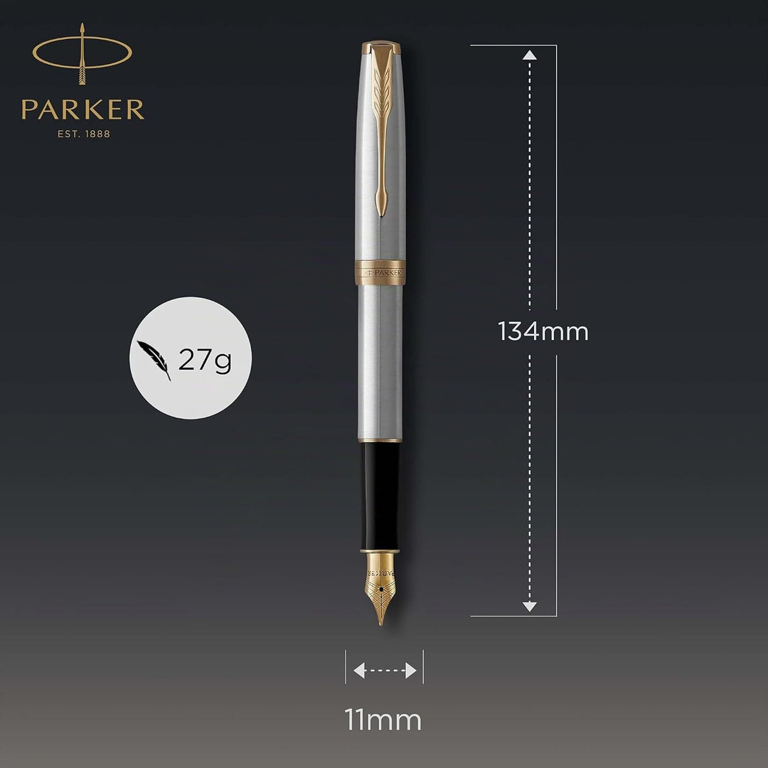 Parker Sonnet Füller | Edelstahl mit Goldzierteilen | Füllfederhalter mit feiner Feder | Geschenkbox
