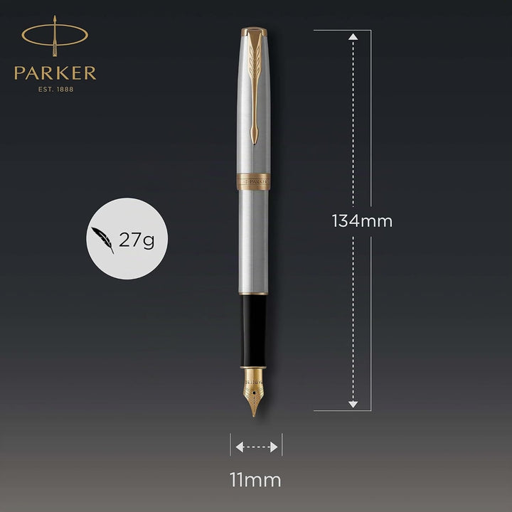 Parker Sonnet Füller | Edelstahl mit Goldzierteilen | Füllfederhalter mit feiner Feder | Geschenkbox
