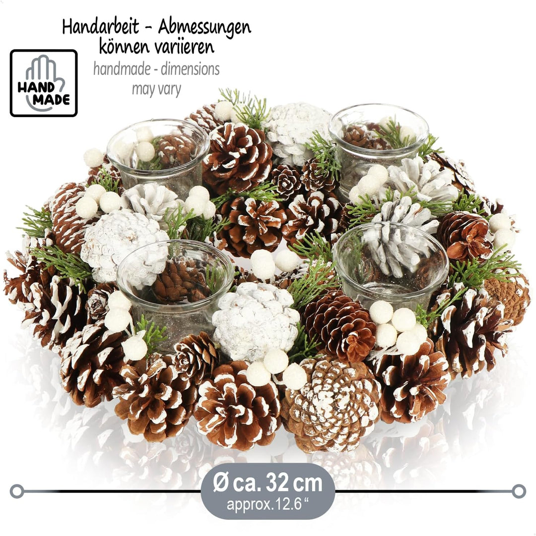COM-FOUR® Tischkranz für Weihnachten - weisser Adventskranz mit Zapfen - Dekokranz mit 4 Teelichthal