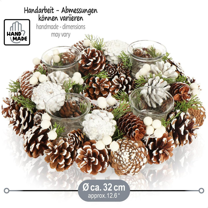 COM-FOUR® Tischkranz für Weihnachten - weisser Adventskranz mit Zapfen - Dekokranz mit 4 Teelichthal