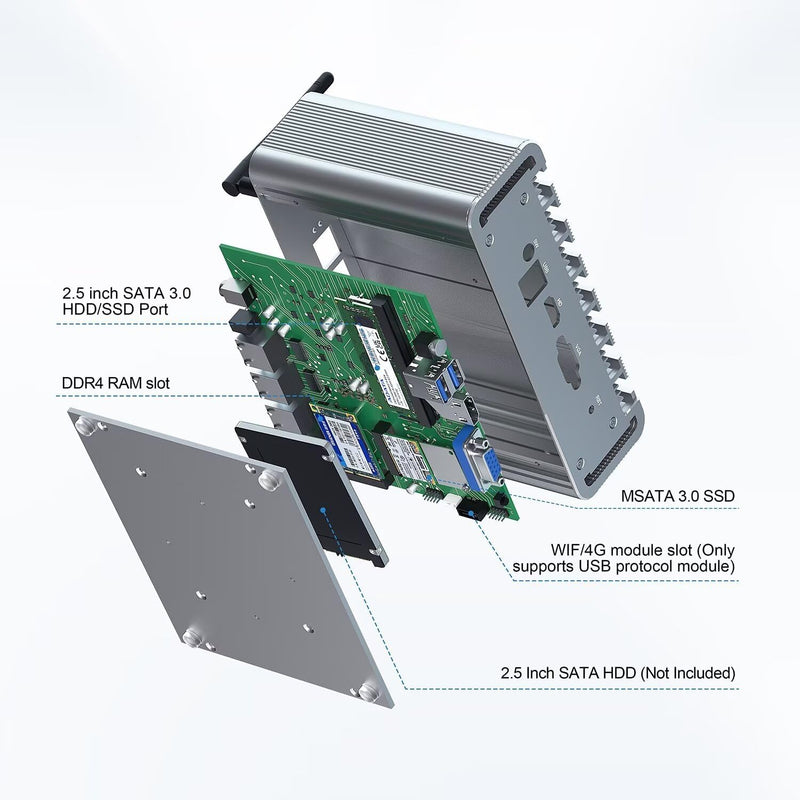 Lüfterlos Mini PC Firewall Appliance,Celeron J4125,8GB DDR4 RAM 128GB mSATA SSD,HDMI,VGA,4 2.5Gbe LA