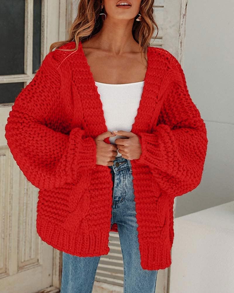 Cicy Bell Damen Strickjacken Cardigan Lose Laternenärmel Elegante Übergrosse Pullover S Rot, S Rot