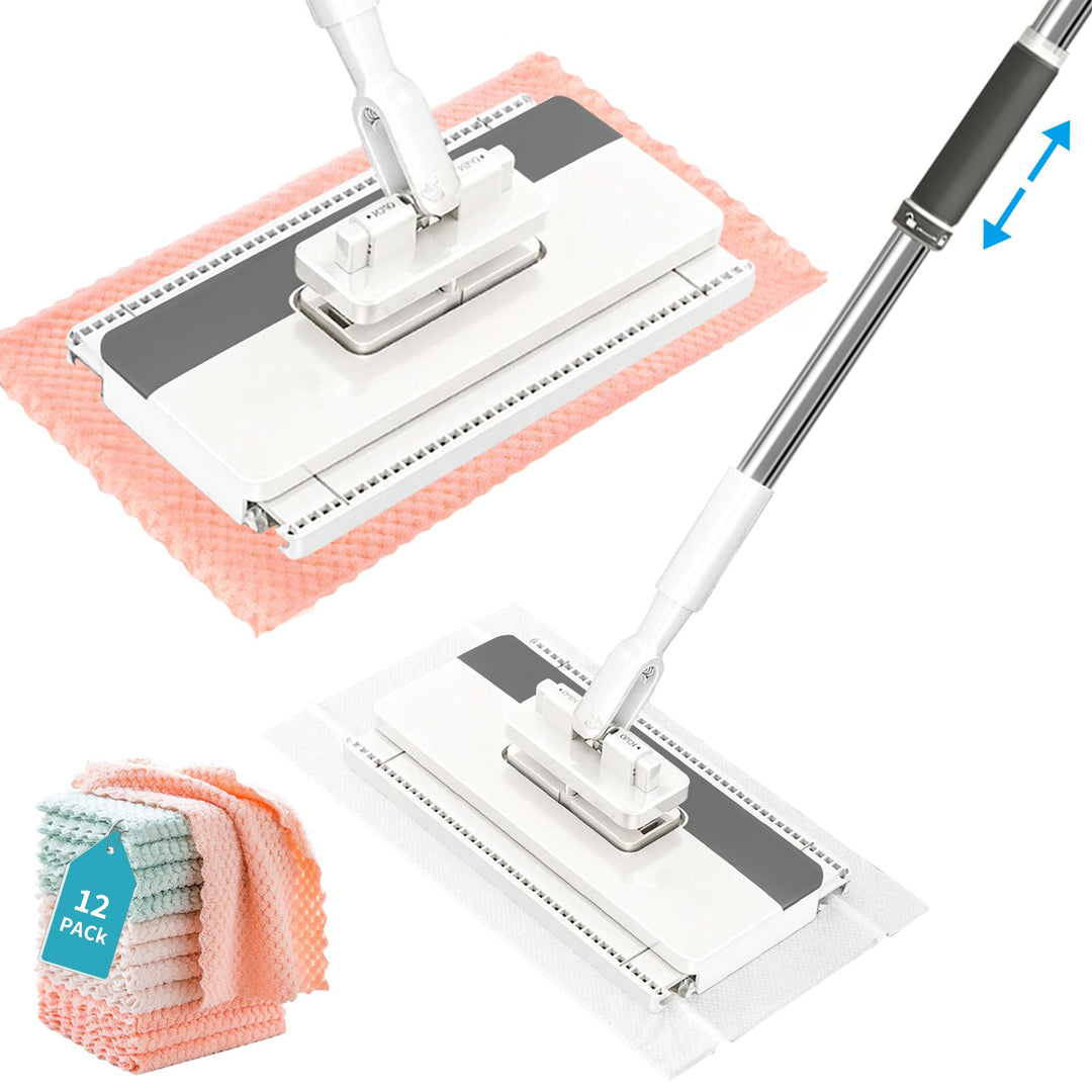 Wischmopp mit Druck-klemm-System,Zero Touch mini mop– 12 Wiederverwendbare Tücher, Tuchwechsel ohne