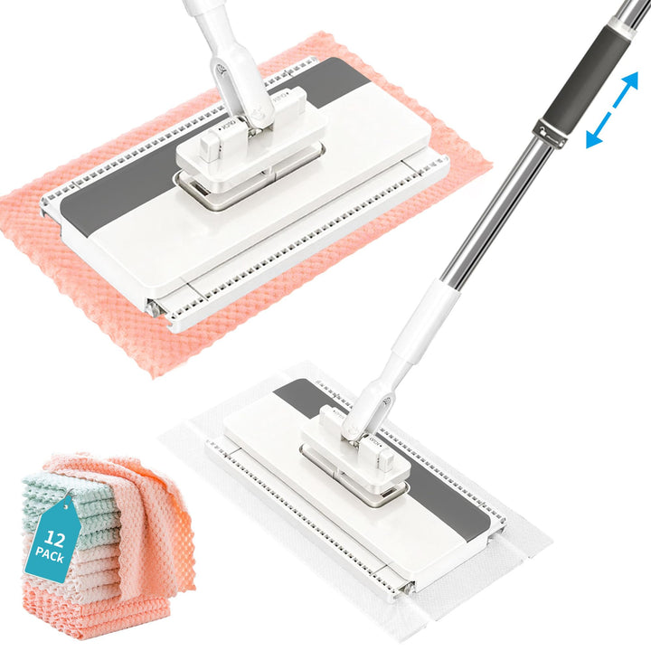 Wischmopp mit Druck-klemm-System,Zero Touch mini mop– 12 Wiederverwendbare Tücher, Tuchwechsel ohne