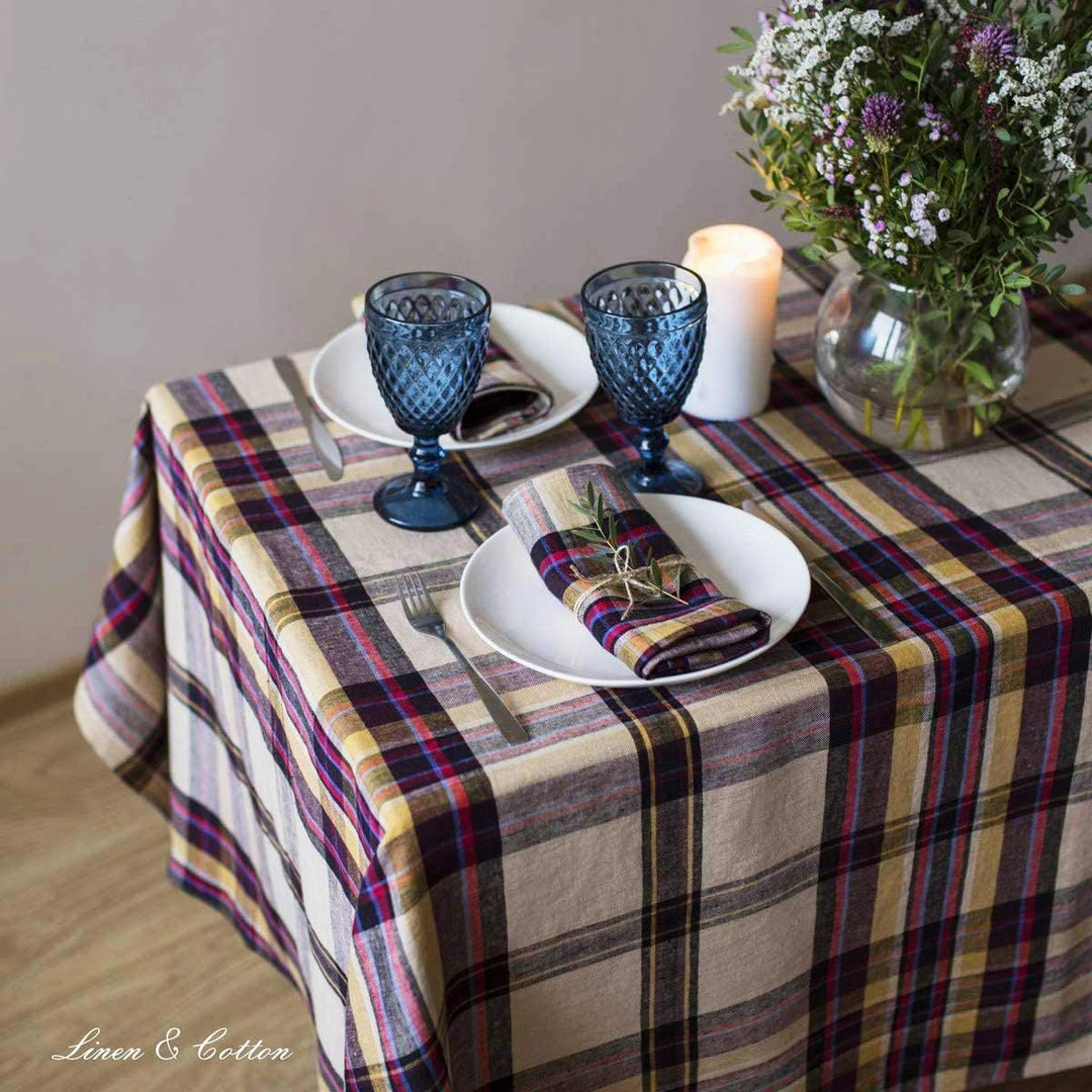 Linen & Cotton Luxus 4 x Stoffservietten Servietten Stoff Leinenservietten Curtis Kariert Bunt Moder