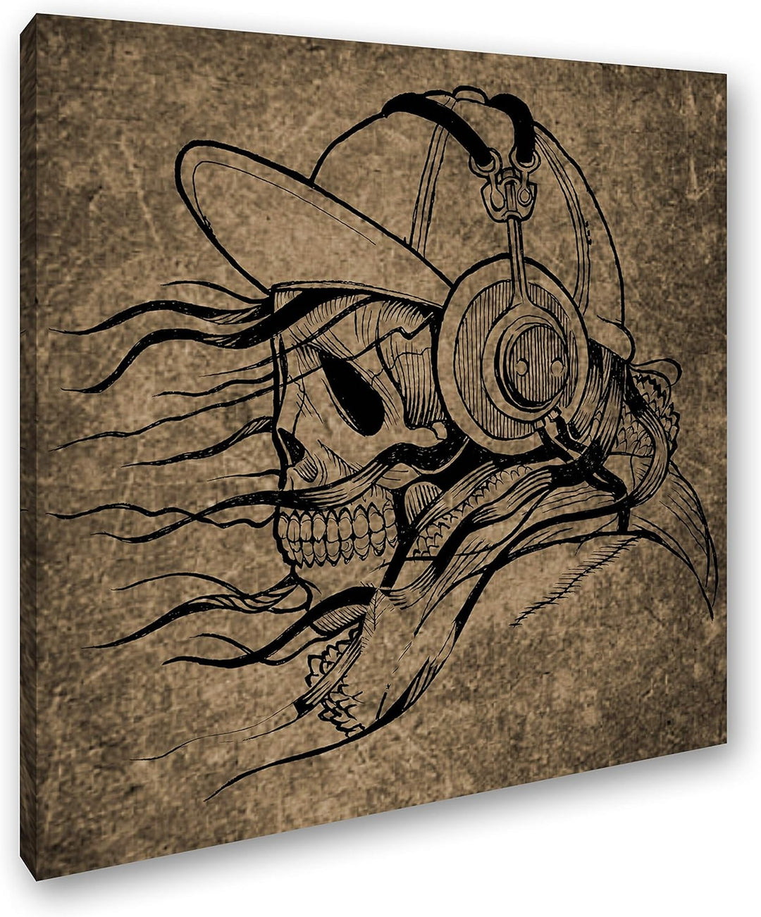 deyoli unheimlicher Totenkopf mit Kopfhörern Format: 70x70 Effekt: Sepia als Leinwandbild, Motiv auf