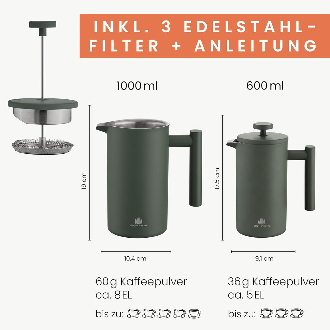 Groenenberg French Press Forest (grün) 600 ml o. 1 Liter I Hochwertige Kaffeepresse mit Thermo Warmh