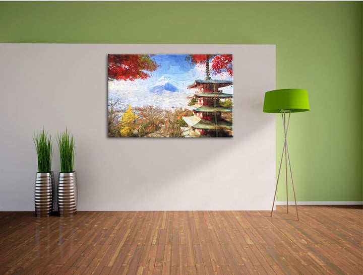 Pixxprint Japanischer Tempel im Herbst Pinsel Effekt, Format: 100x70 auf Leinwand, 100x70