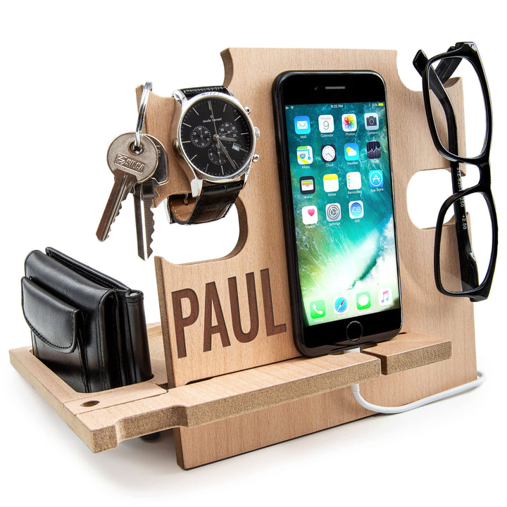 Personalisierte Dockingstation, Smartphone-Ständer - Nachttischhalter aus Holz, Geschenkidee für Män