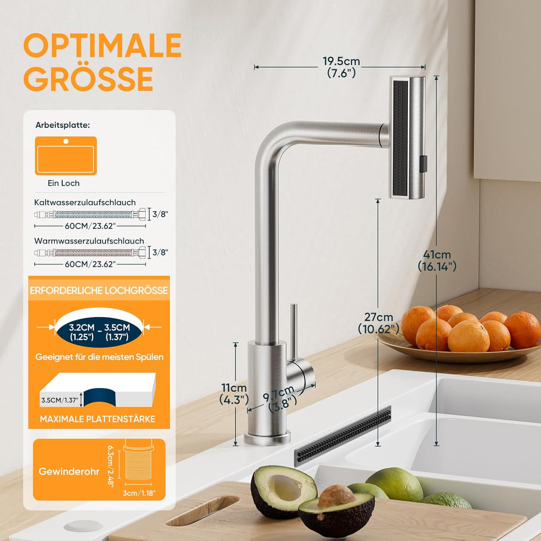 BESy Küchenarmatur mit 3 Strahlarten, Herausziehbarer Brause Wasserfall Wasserhahn Küche, 360° Drehb