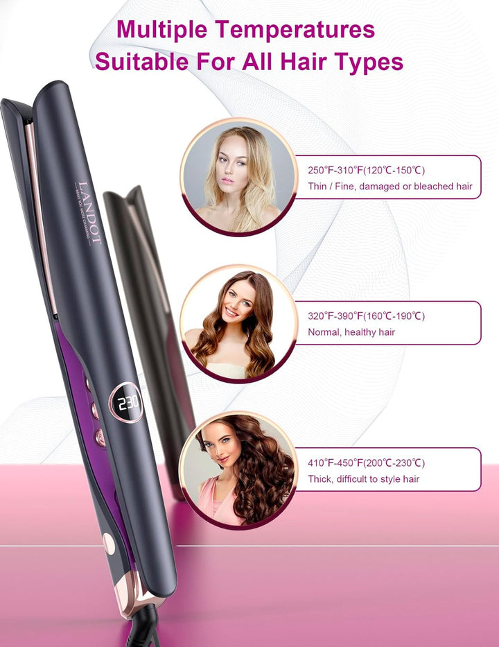 LANDOT Glätteisen für Locken & Glätten: 2 in 1 Lockenstab und Glätteisen mit Geschwungenen Platten -