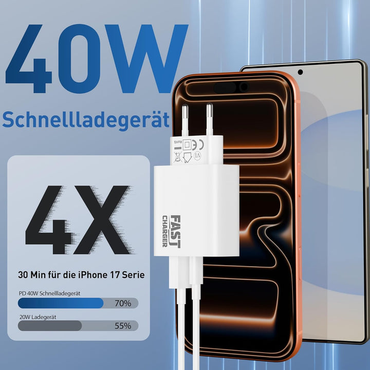 40W 2-Port USB C Ladegerät Ladekabel für iPhone 17/Pro Max Air, iPhone 16/16e/15 Plus, iPad Pro/Air,